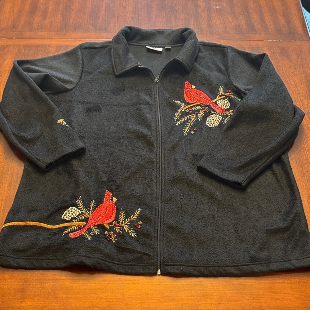 Quaker Factory Winter Cardinal Sequin, Beaded Black Zip UP Fleece Jacket